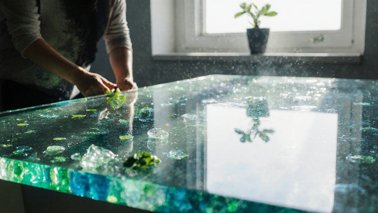 Recycelte Glasarbeitsplatte mit durchscheinenden Farben und Händen, die Gemüse waschen.