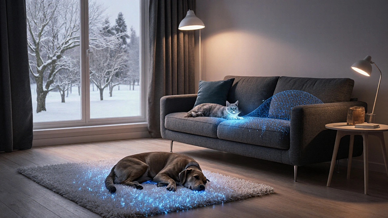 Recyceltes Sofa mit eingebauten Sensoren, die Kratzer anzeigen, Hund und Katze auf synthetischem Teppich.