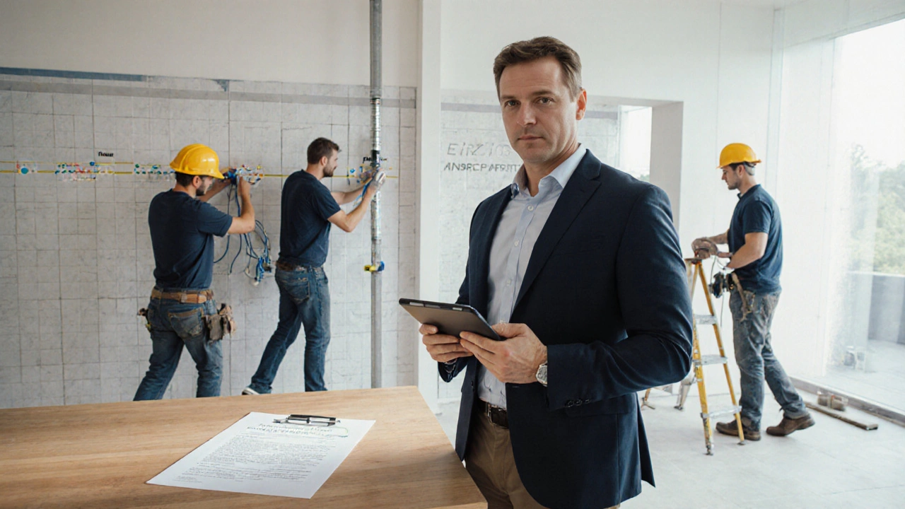 Ruhiger Generalunternehmer mit Tablet, koordiniert Handwerker in einer geordneten, modernen Baustellensituation.