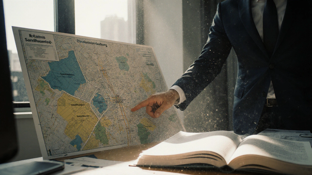 Stadtpläne mit Sanierungsgebieten auf einem Tisch in einem Rathaus-Büro.