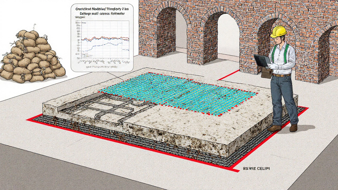 Statiker scannt mit Radar eine Kellerdecke, während Sandbags die Überlast simulieren.