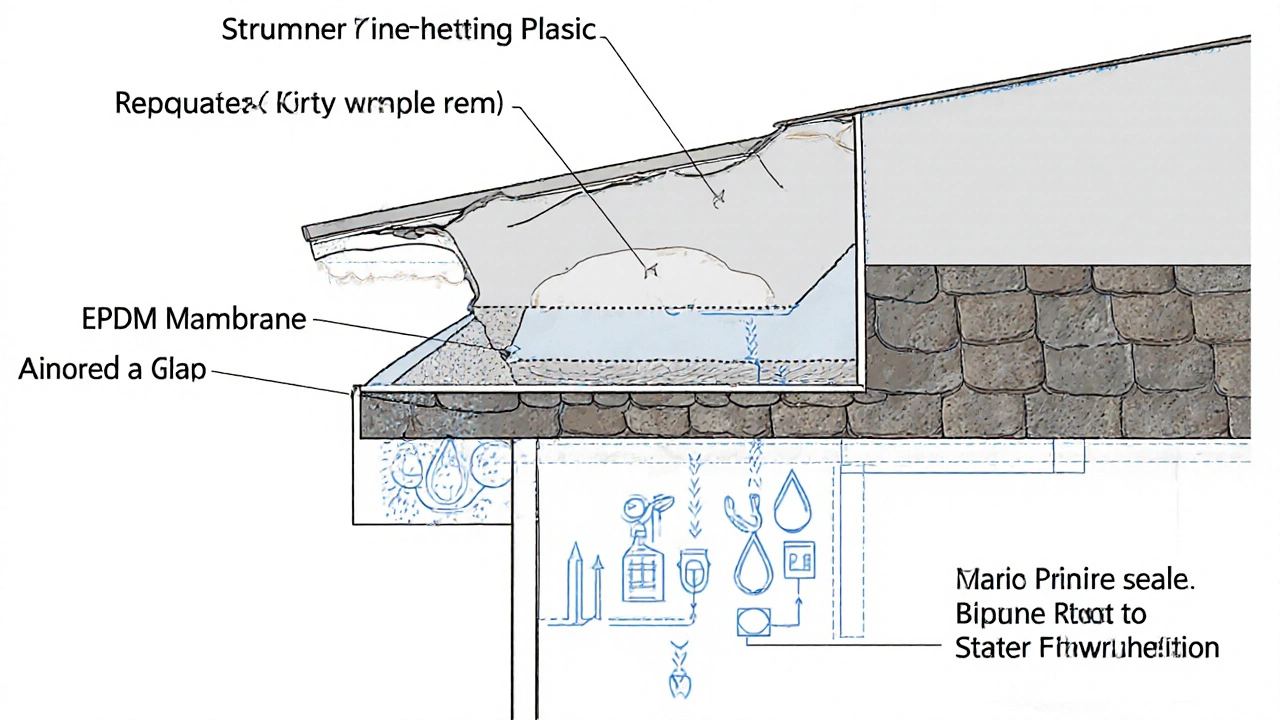 Technische Zeichnung eines Dachquerschnitts mit vier verschiedenen Reparaturmaterialien und Wasserflussrichtungen.