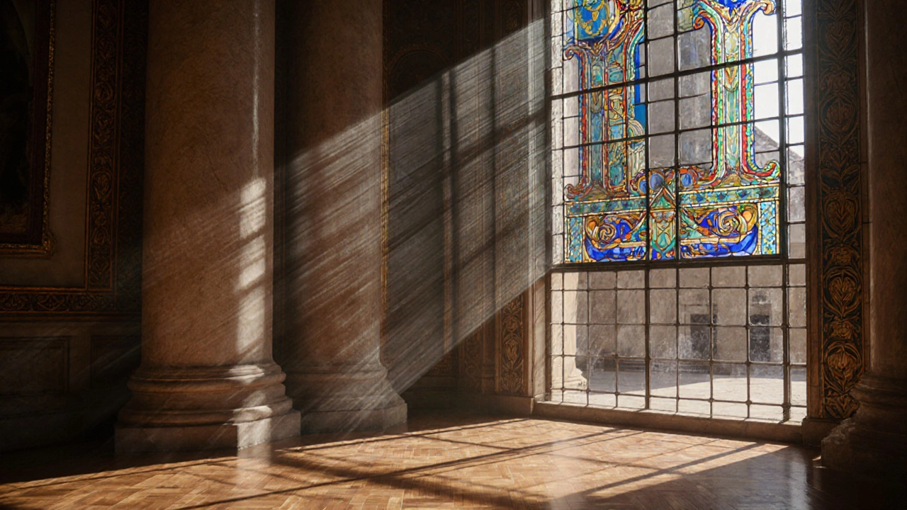 Transparente Solarglasplatte ersetzt historisches Buntglasfenster und wirft farbiges Licht in den Innenraum.
