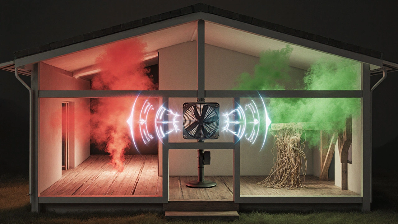 Transparenzansicht eines Hauses mit drei Geruchsquellen, die durch Luftstrom beseitigt werden.