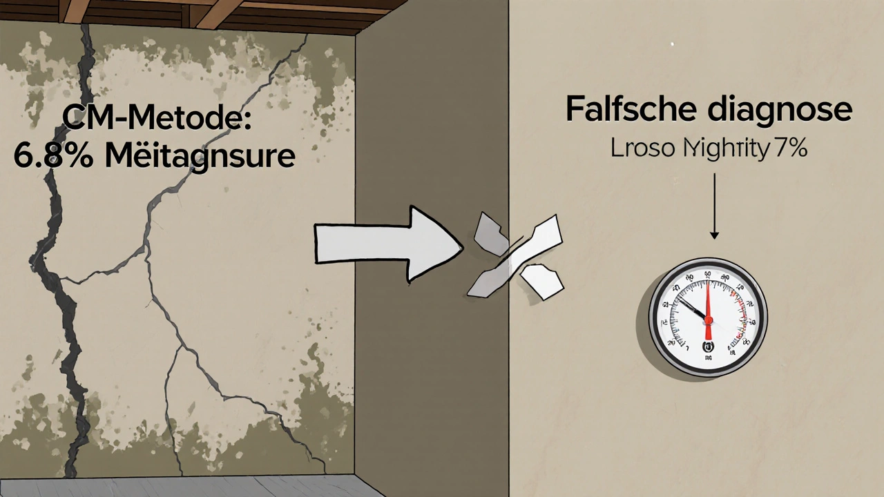 Vergleich: CM-Messung zeigt echte Baufeuchte, Hygrometer misst nur Luftfeuchtigkeit.