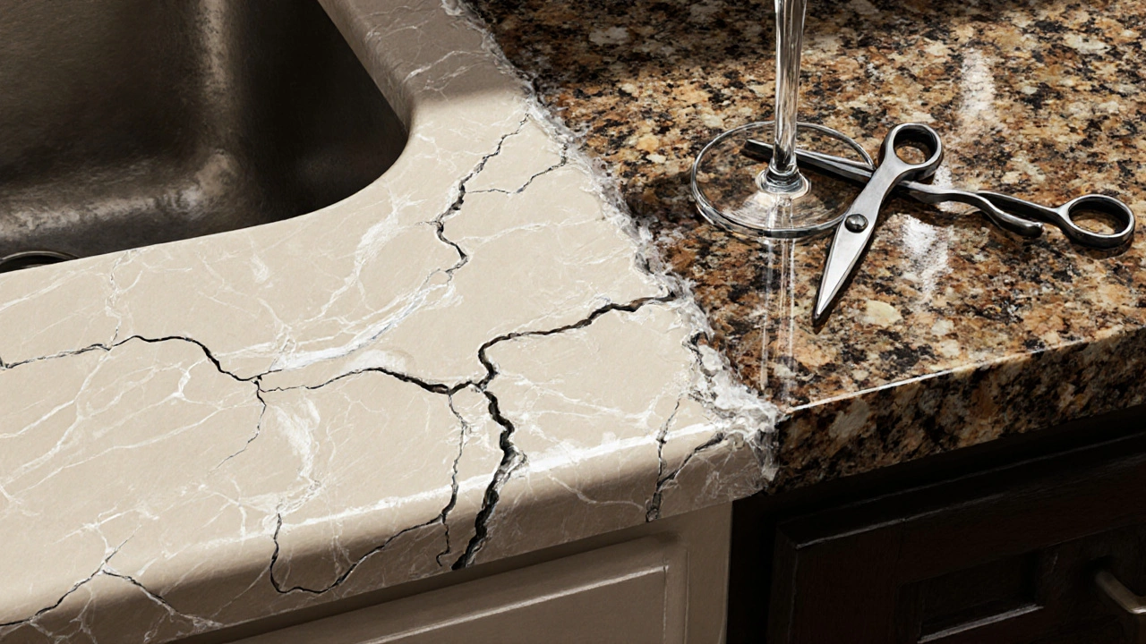 Vergleich von beschädigter Laminatplatte und glänzender Granitplatte mit Kochutensilien.