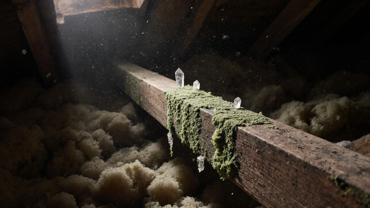 Vermoderter Holzbalken mit chloranisolen Ablagerungen in einem deutschen Dachboden aus den 1980er Jahren.