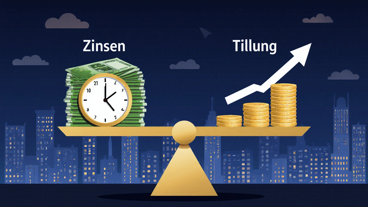 Waage, die Zinsen gegen Tilgung abwägt – höhere Tilgung verkürzt die Schuldenlaufzeit.