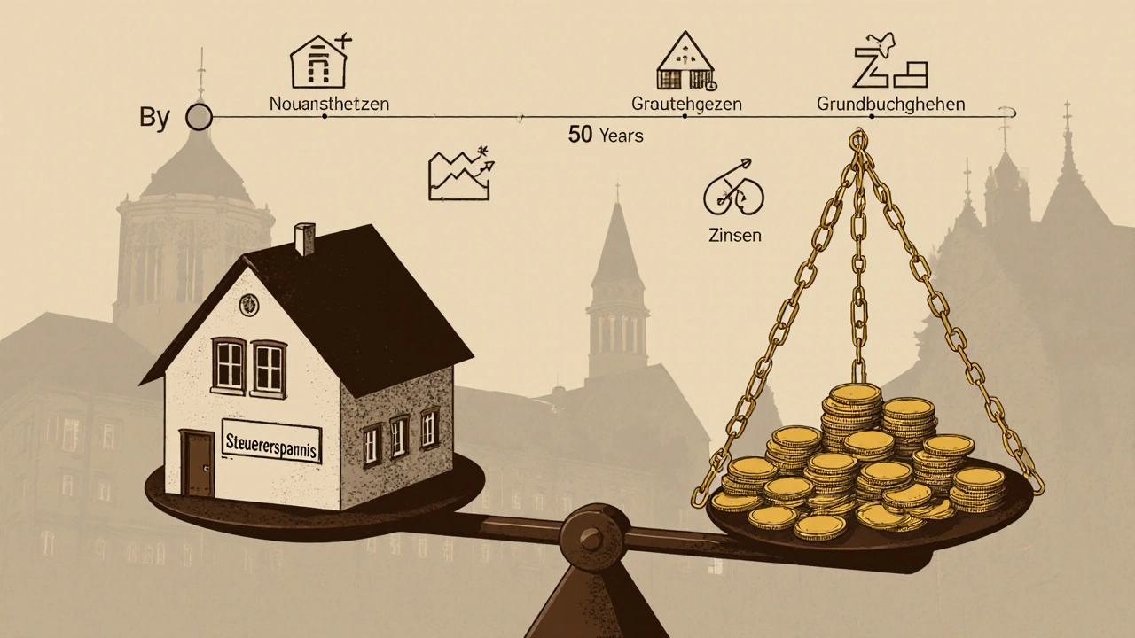 Waage mit Haus und Steuereinsparung, verbunden durch 50-Jahres-Zeitlinie