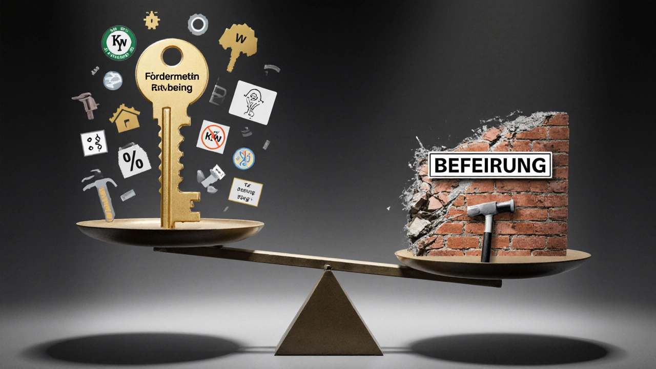 Waage zwischen Fördermitteln und Denkmalschutzbefreiung: Goldene Schlüssel vs. zerbrochene Mauer.