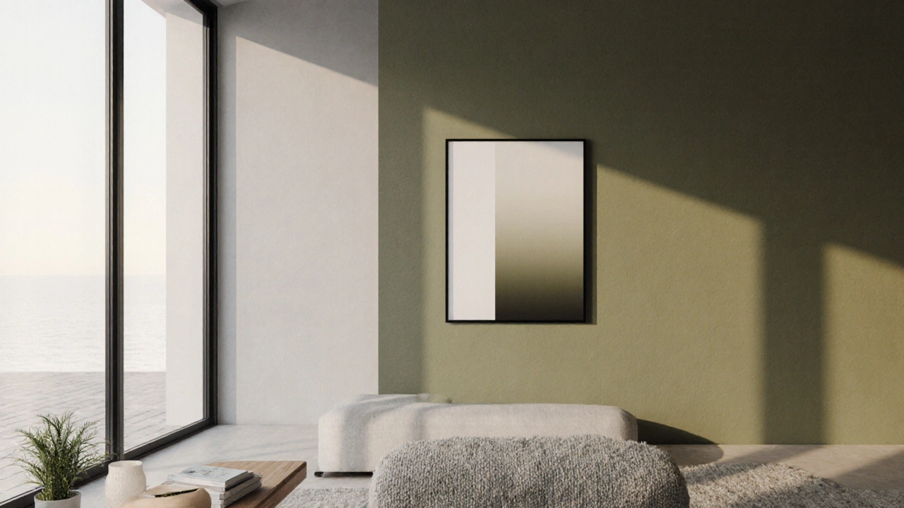 Wohnzimmer mit grauer Hauptwand, olivgrüner Akzentwand und schwarzen Rahmenakzenten