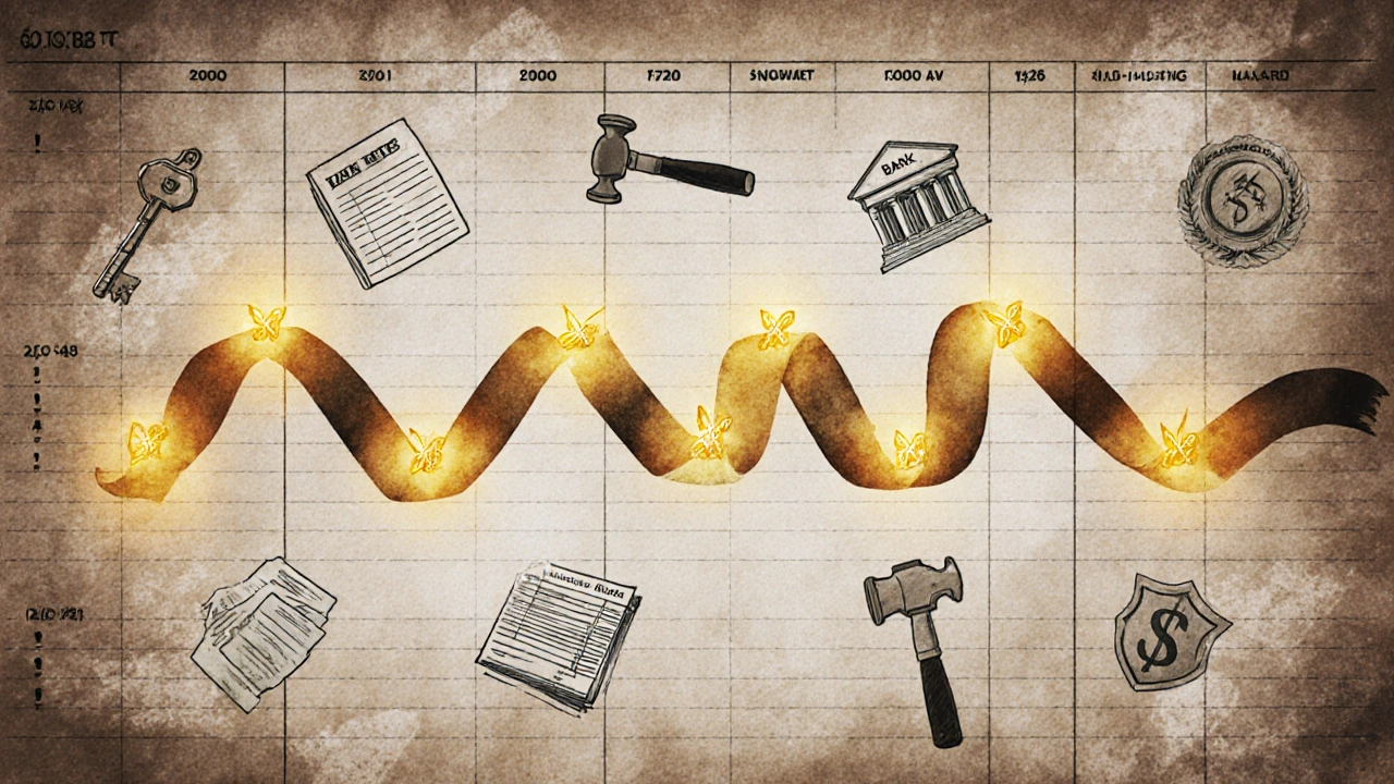 Zeitlinie mit jährlicher Abschreibung und Mieteinnahmen auf einem alten Buch.