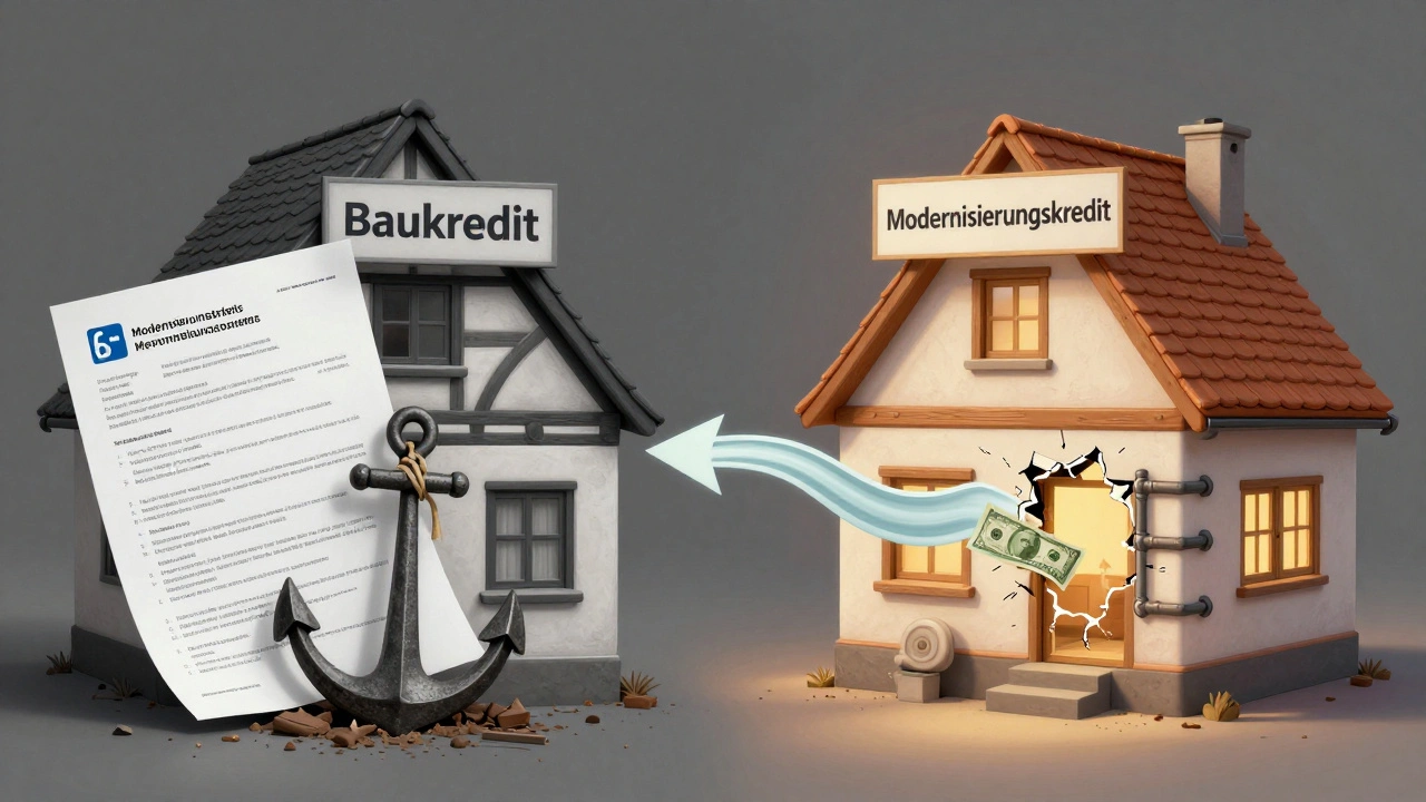 Aufgesplittetes Haus: linke Seite mit schwerer Baufinanzierung, rechte Seite mit schneller Modernisierung durch Lichtstrahl.