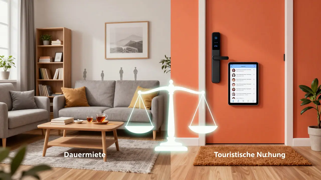 Aufgeteilte Ansicht einer Wohnung: ruhiges Zuhause links, touristisch genutztes Zimmer rechts, dazwischen Waage der Rechte.
