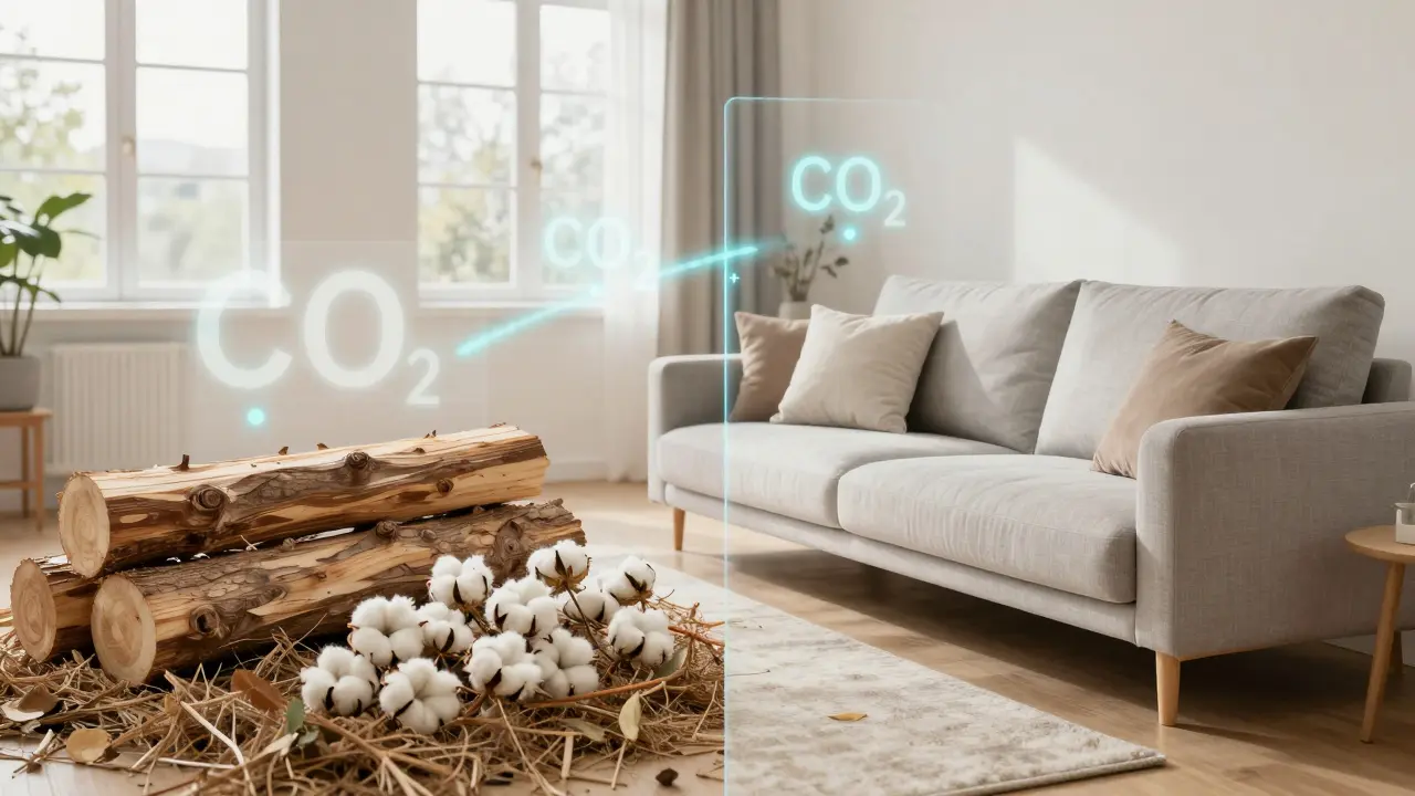 Aufteilung: natürliche Rohstoffe links, fertige nachhaltige Möbel rechts – mit unsichtbaren CO2- und Wasserspar-Daten.