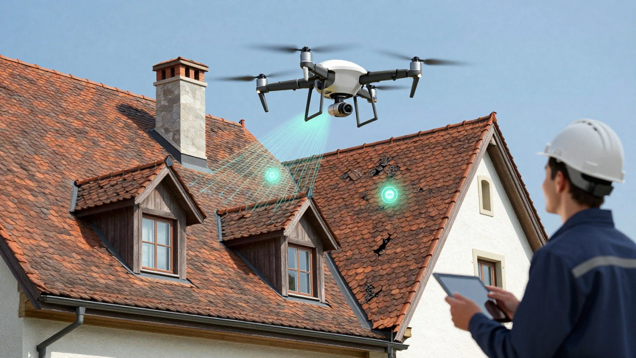 Autonome Drohne scannt ein komplexes Dach mit digitalen Sensoren und Wärmebildern.