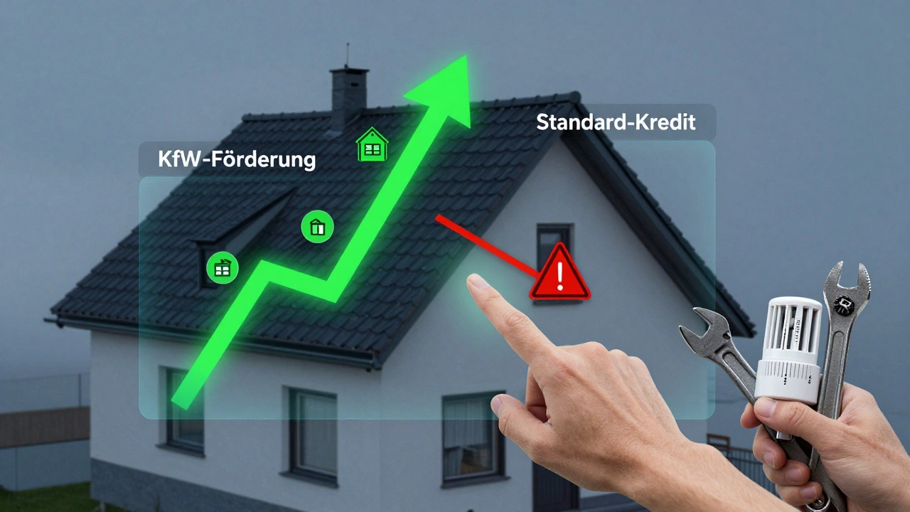 Digitales Dashboard über einem Haus, das KfW-Förderung mit grünen Symbolen und einen Standard-Kredit mit Warnzeichen zeigt.