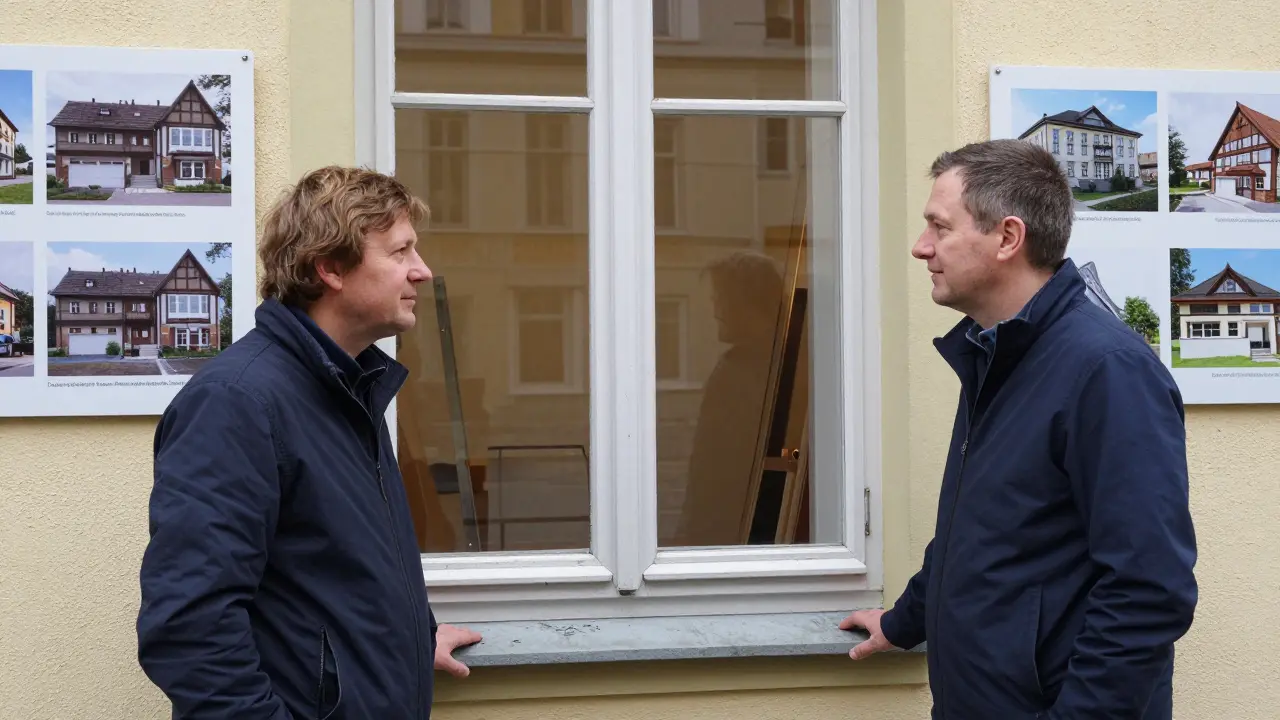 Eigentümer und Denkmalschutzbeamter vor einem renovierten Fenster mit doppelter Verglasung von innen.