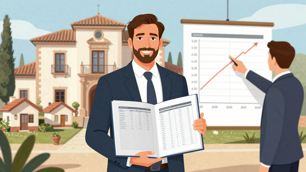 Ein Käufer präsentiert detaillierte Immobilienvergleichsdaten vor einem spanischen Anwesen, begleitet von einem lokalen Makler.