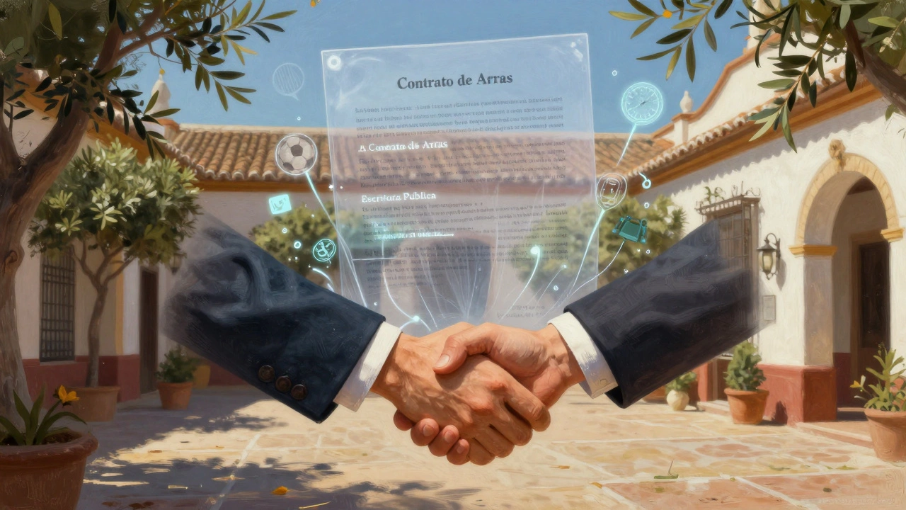 Ein transparenter Vertrag schwebt über einem spanischen Hof, verknüpft mit kulturellen und rechtlichen Symbolen.