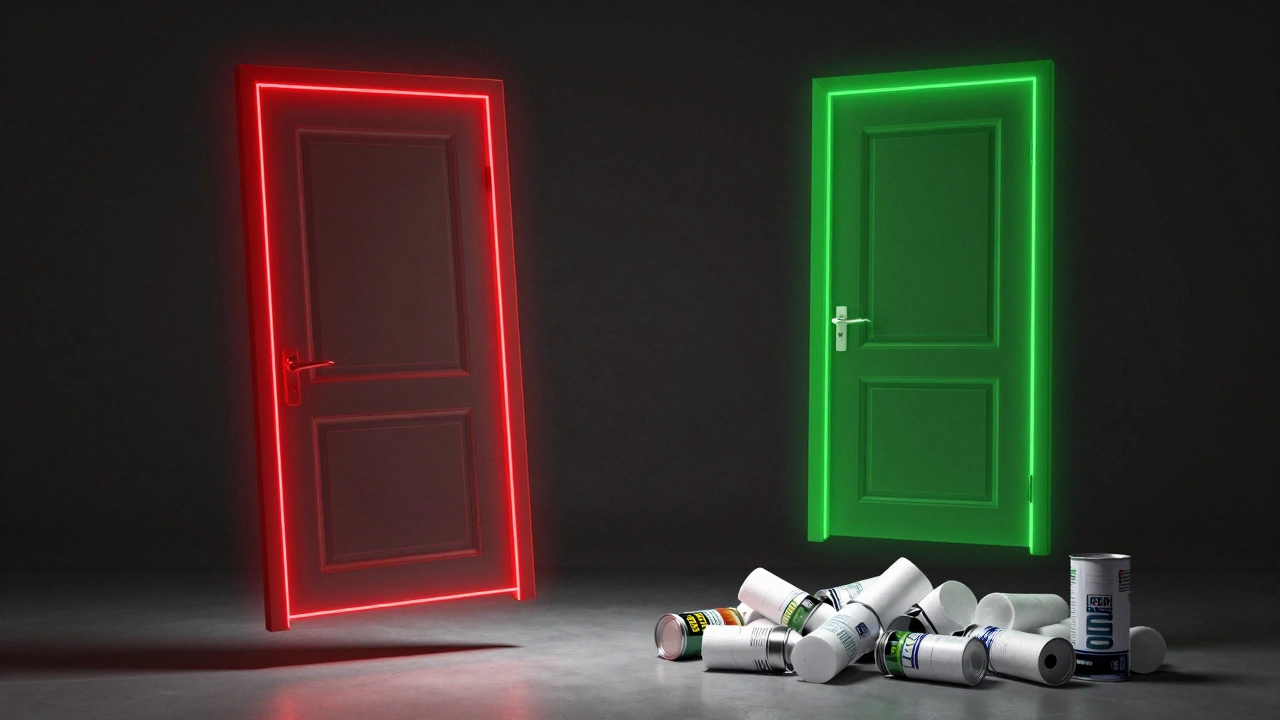 Ein verzogene Tür ist rot hervorgehoben, daneben eine perfekt ausgerichtete in grün, mit falschem und richtigem Schaum darunter.