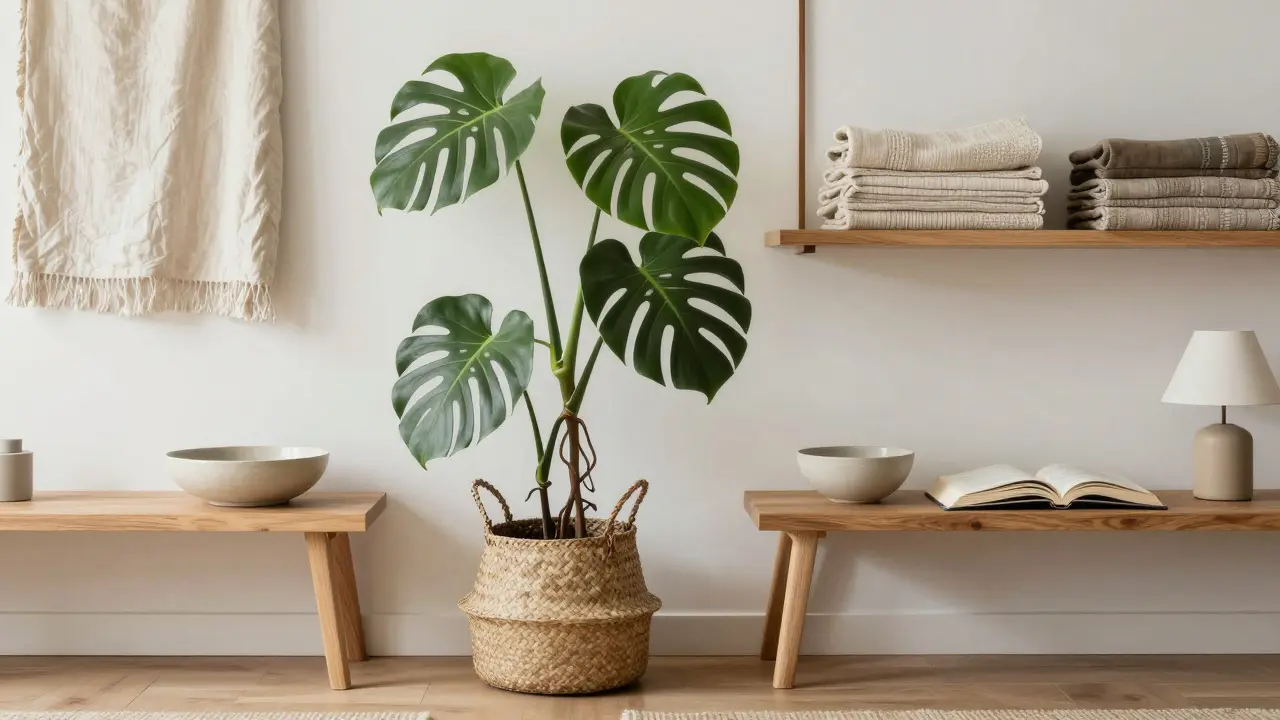 Eine hohe Pflanze in einem Korb neben einer niedrigen Keramikschale und einer Tischlampe auf einem Regal mit Textilien.