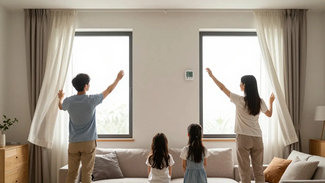 Familie lüftet quer durch zwei geöffnete Fenster in einem modernen deutschen Wohnzimmer.
