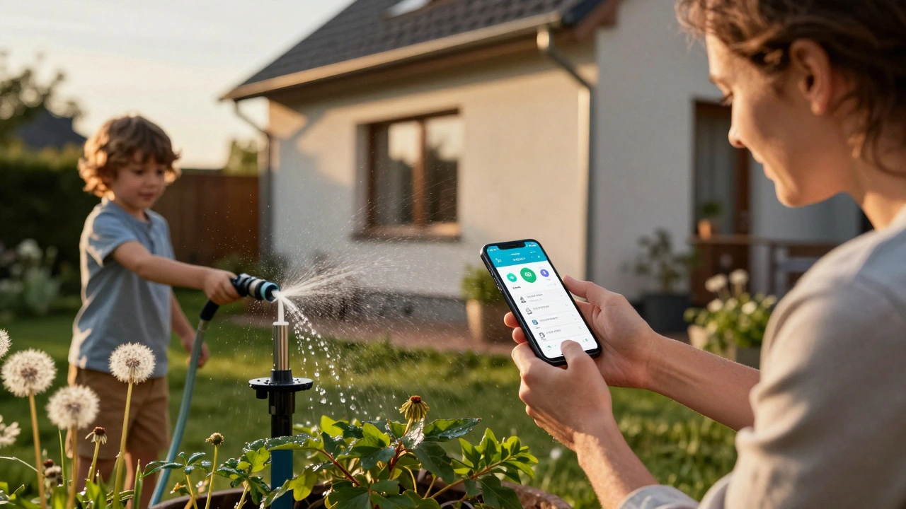 Familie nutzt Smartphone, um Regenwasser im Garten zu bewässern, abendliches Licht.