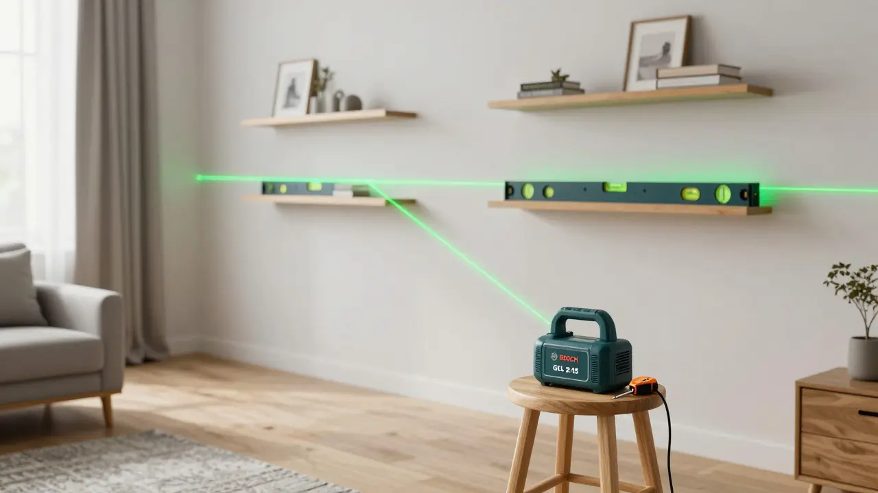 Grüner Laser-Wasserwaage projiziert gerade Linien auf Wand und Boden, mehrere Regale werden gleichzeitig ausgerichtet.