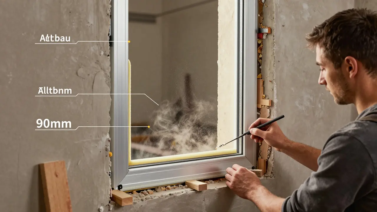 Handwerker installiert eine dreilagige Dichtung an einem Aluminiumfenster in einer unregelmäßigen Altbau-Öffnung.