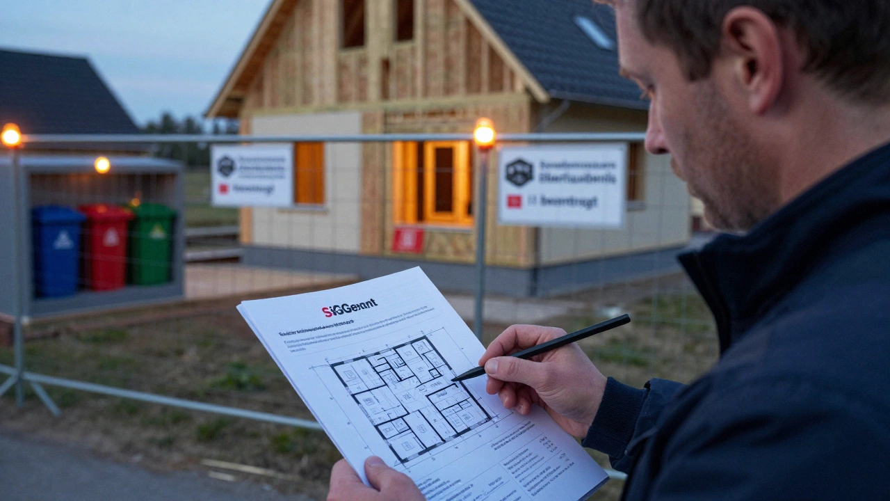 Hausbesitzer bespricht SiGePlan mit Sicherheitsberater auf einer Baustelle bei Dämmerung.