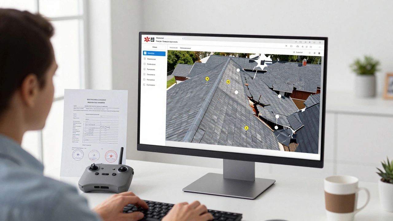 Hausbesitzer betrachtet auf einem Monitor eine detaillierte Drohnen-Dachinspektionsbericht.