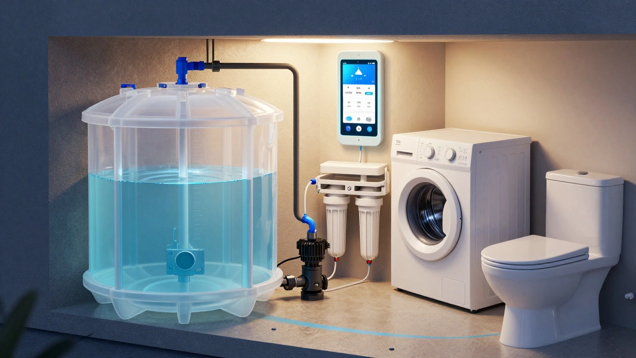 Innenaufbau einer intelligenten Regenwasseranlage mit Filter, Pumpe und digitalem Display.