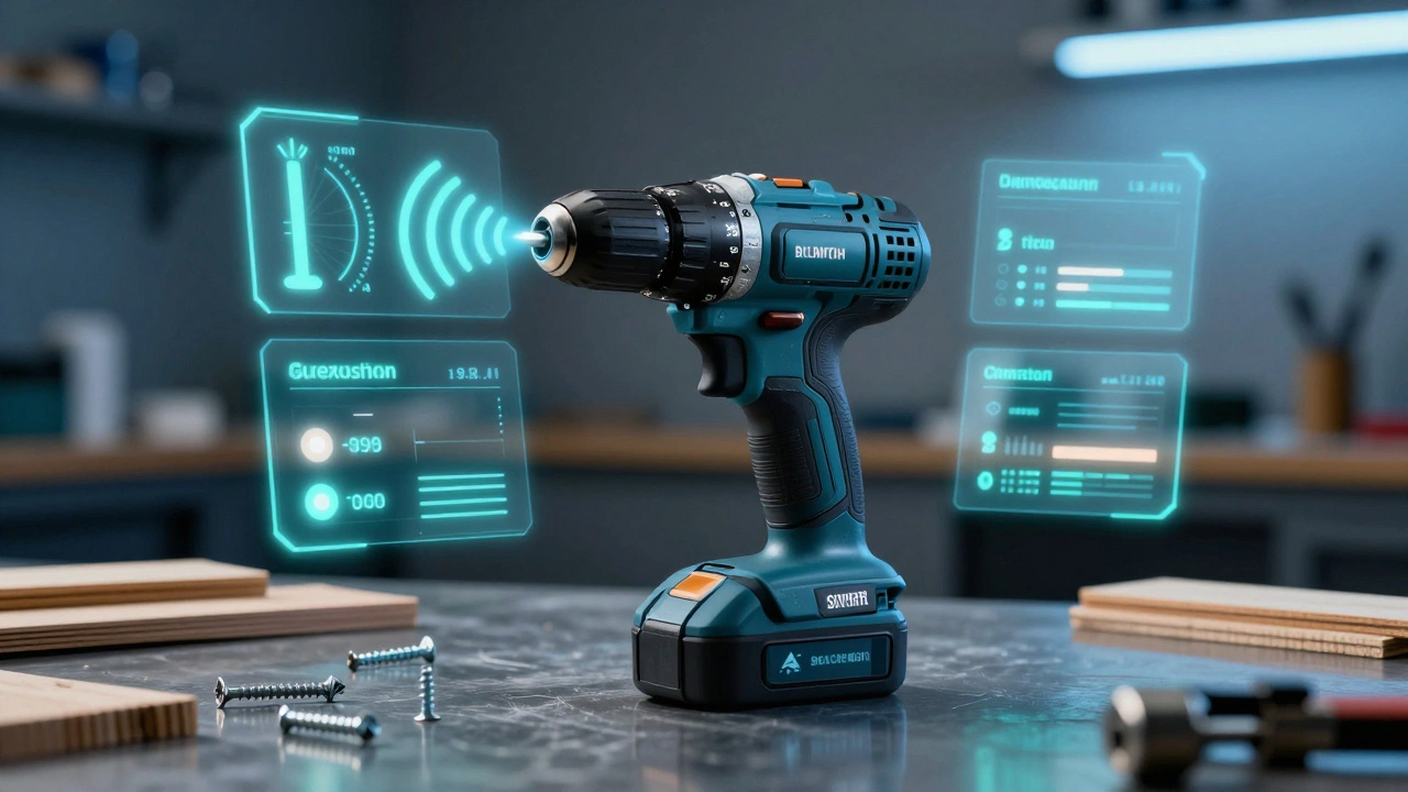 Intelligenter Akkuschrauber mit digitalen Echtzeit-Datenüberlagerungen in einer Werkstatt.