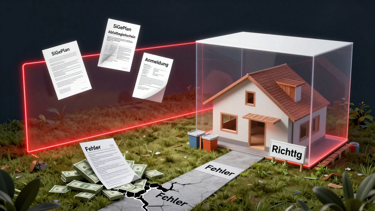 Konzeptbild: Rechtliche Pflichten als durchscheinende Elemente über einer Baustelle, kontrastierend zu Fehlern.