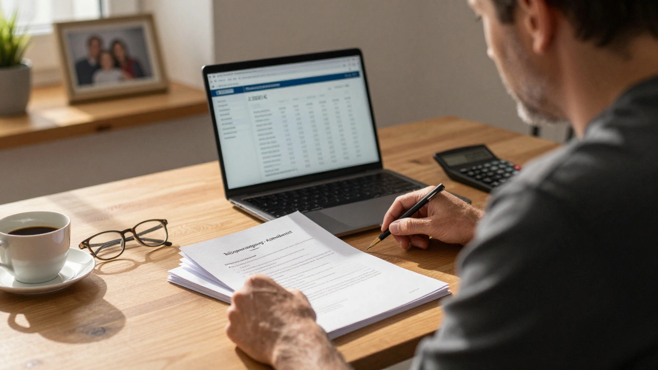 Mann in Heimbüro mit rechtlichen Unterlagen und Kostencalculator, Abendlicht fällt durch das Fenster.