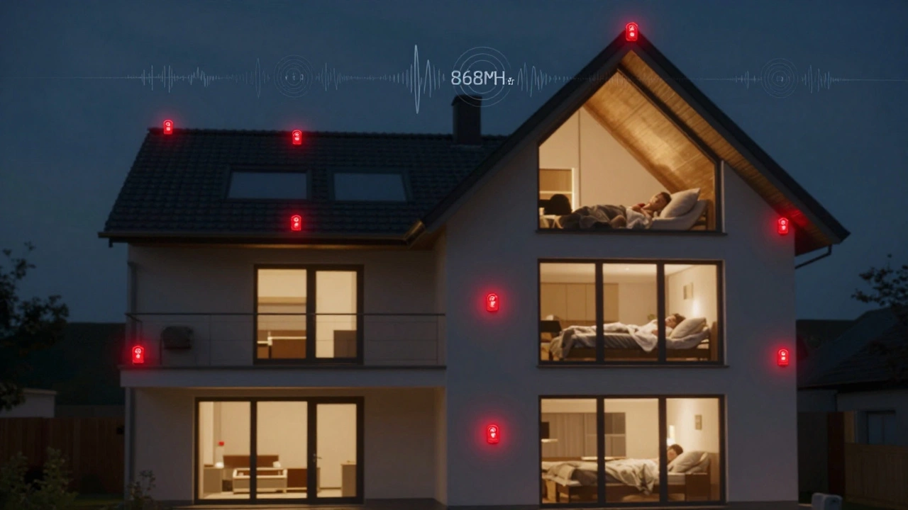 Mehrgeschossiges Haus mit synchron blinkenden Rauchmeldern auf allen Etagen, drahtlose Verbindungen als Lichtwellen sichtbar.