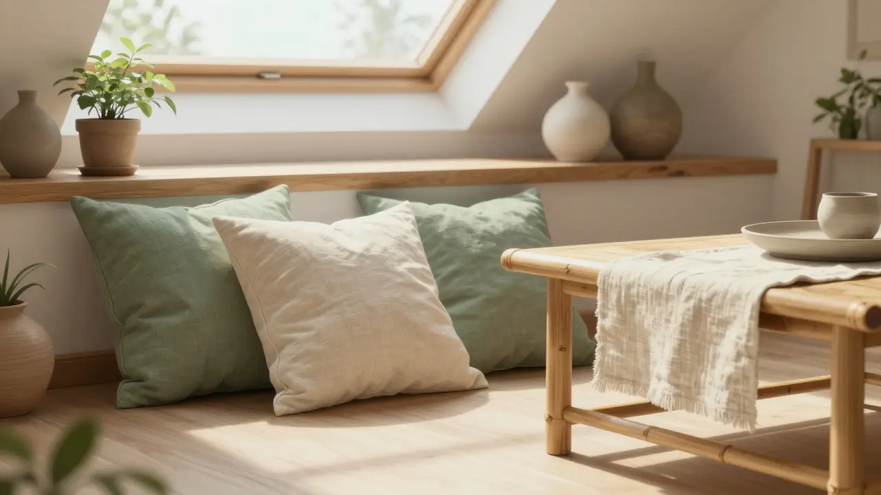Nahansicht von Öko-Baumwollkissen und Leinentischläufer auf einem Bambustisch, beleuchtet durch ein Dachfenster.