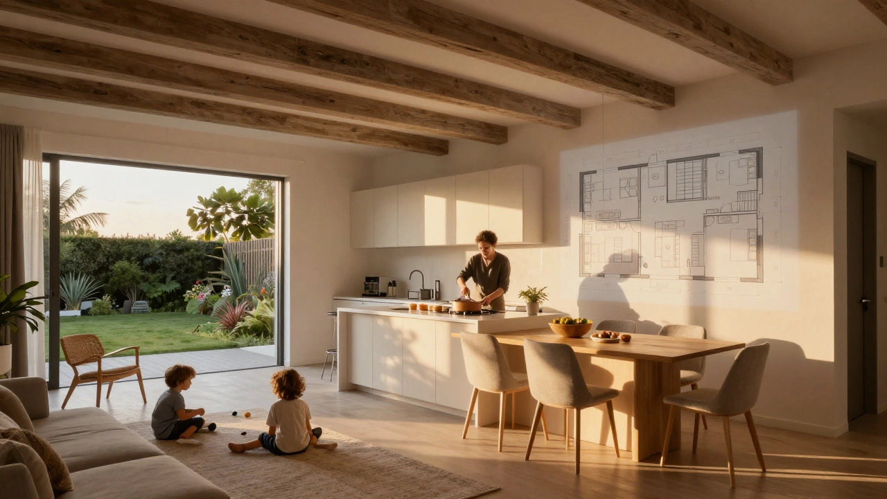 Offener Wohnbereich nach der Renovierung: Familie verbringt Abendzeit zusammen, warmes Licht, moderne Einrichtung und große Fenster.