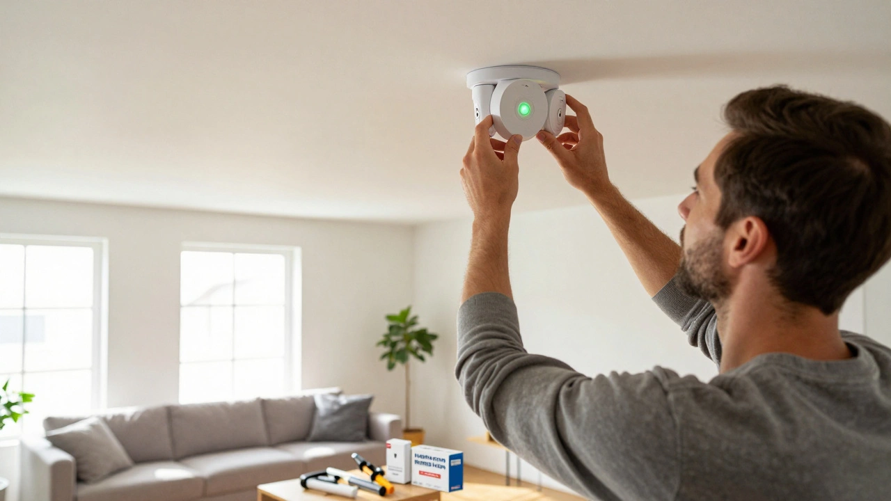 Person installiert selbstständig drahtlose Rauchmelder an der Decke, Geräte leuchten grün und sind miteinander verbunden.