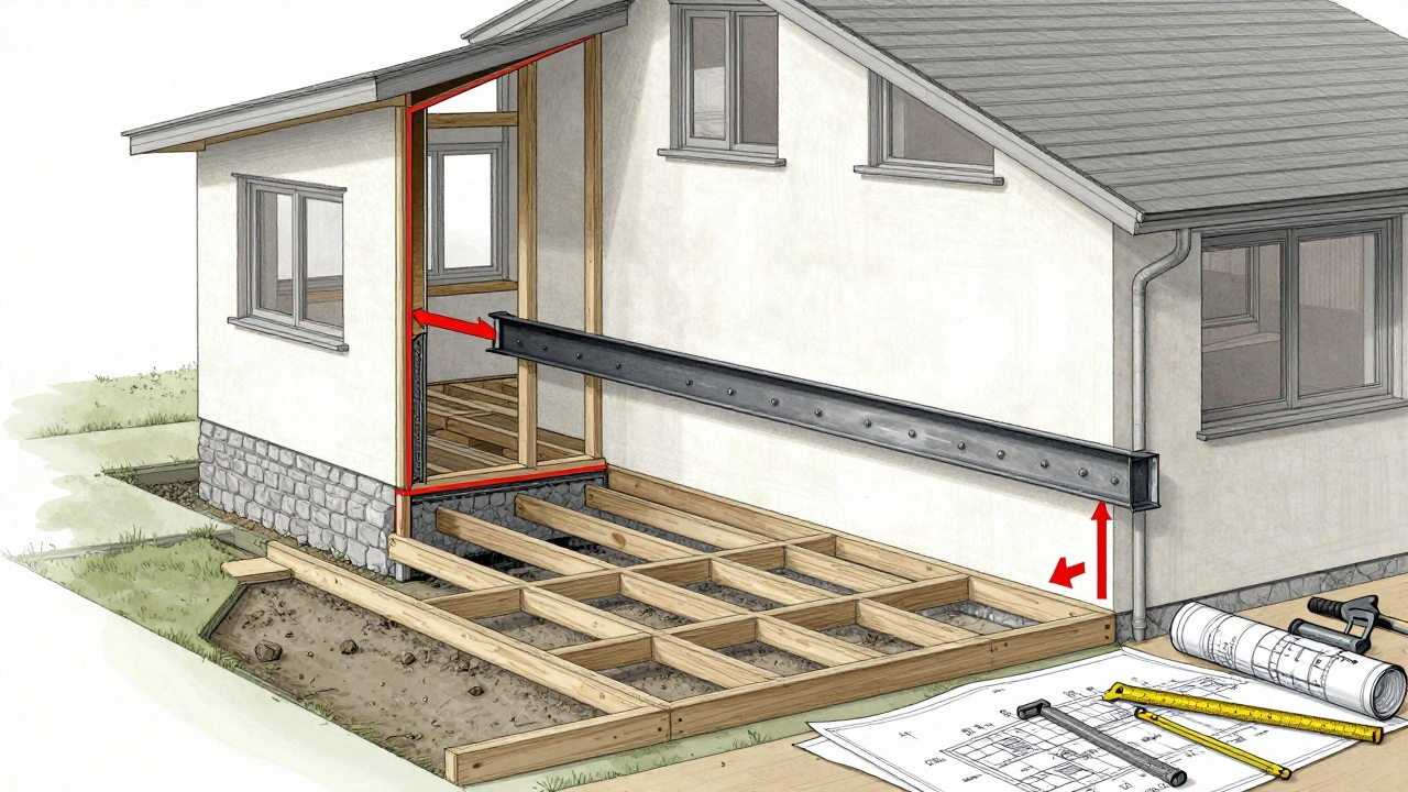 Technische Zeichnung einer tragenden Wand, die durch einen Stahlträger ersetzt wird, mit detaillierten Bauelementen und Lastverteilung.