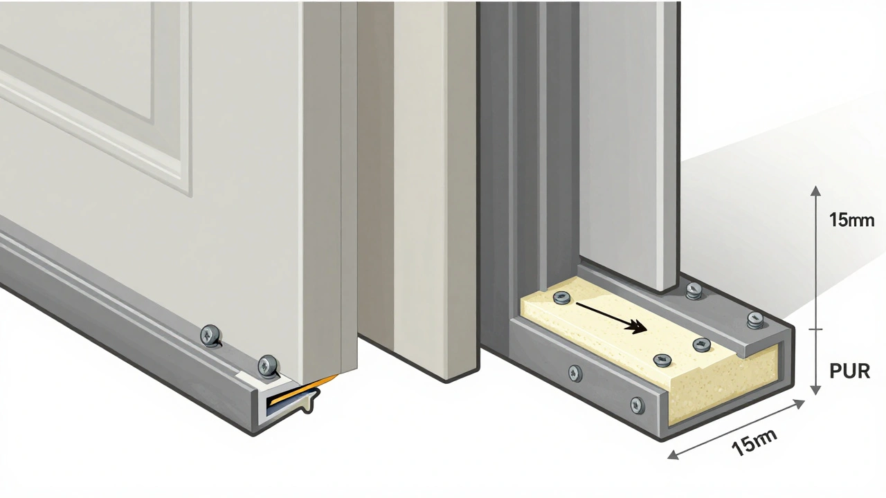 Technische Zeichnung vergleicht eine schief montierte und eine korrekt installierte Türzarge mit Schaum und Befestigungspunkten.