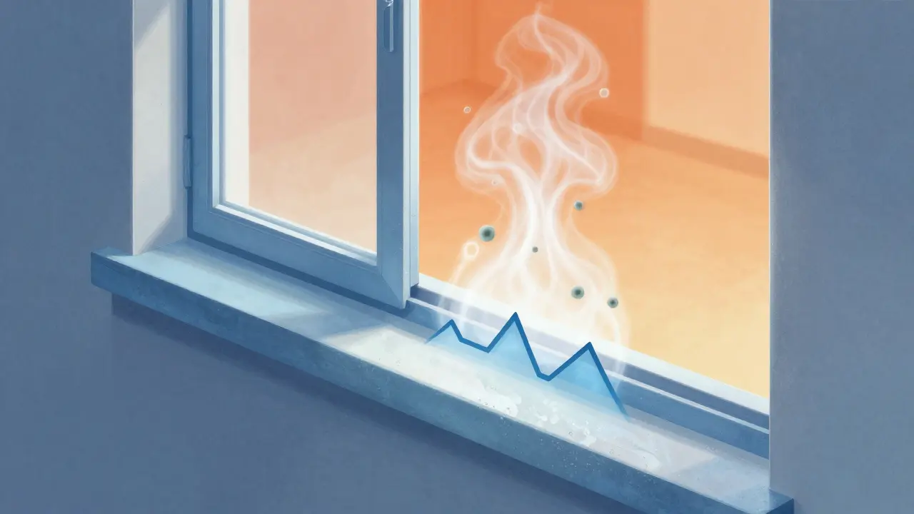 Thermische Brücke an einem Fenster mit warmem, feuchtem Luftstrom, der an kalter Oberfläche kondensiert.