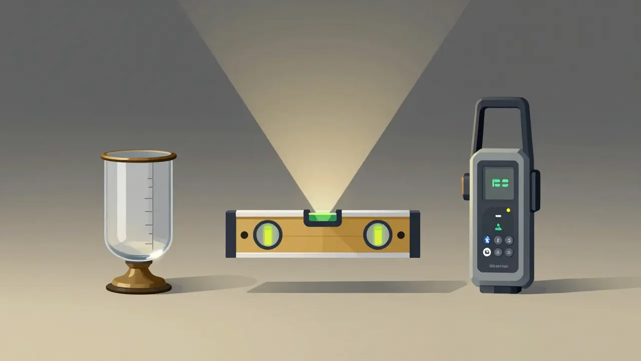 Vergleich dreier Messwerkzeuge: klassische Wasserwaage, Laser-Wasserwaage und professionelles Modell.