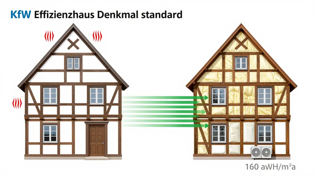 Vergleich eines historischen Hauses vor und nach energetischer Sanierung nach KfW-Denkmalstandard.
