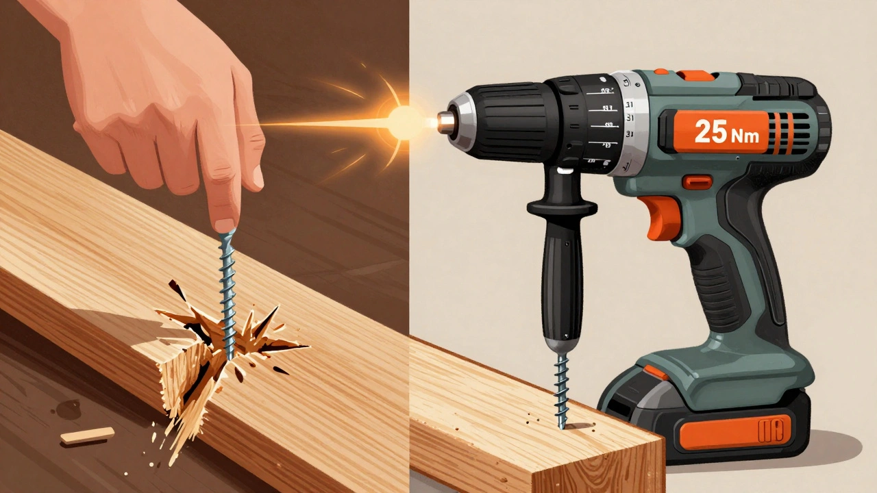 Vergleich: Schwacher Akkuschrauber mit splitterndem Holz vs. starker Akkuschrauber mit sauberer Schraube.