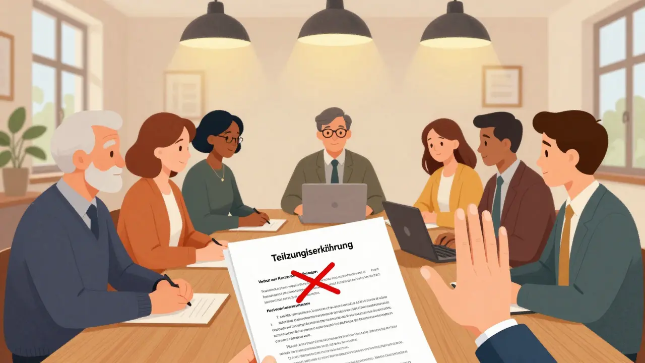 Versammlung von Wohnungseigentümern in Deutschland, ein Dokument mit Verbot von Kurzzeitvermietungen wird mit rotem X markiert.