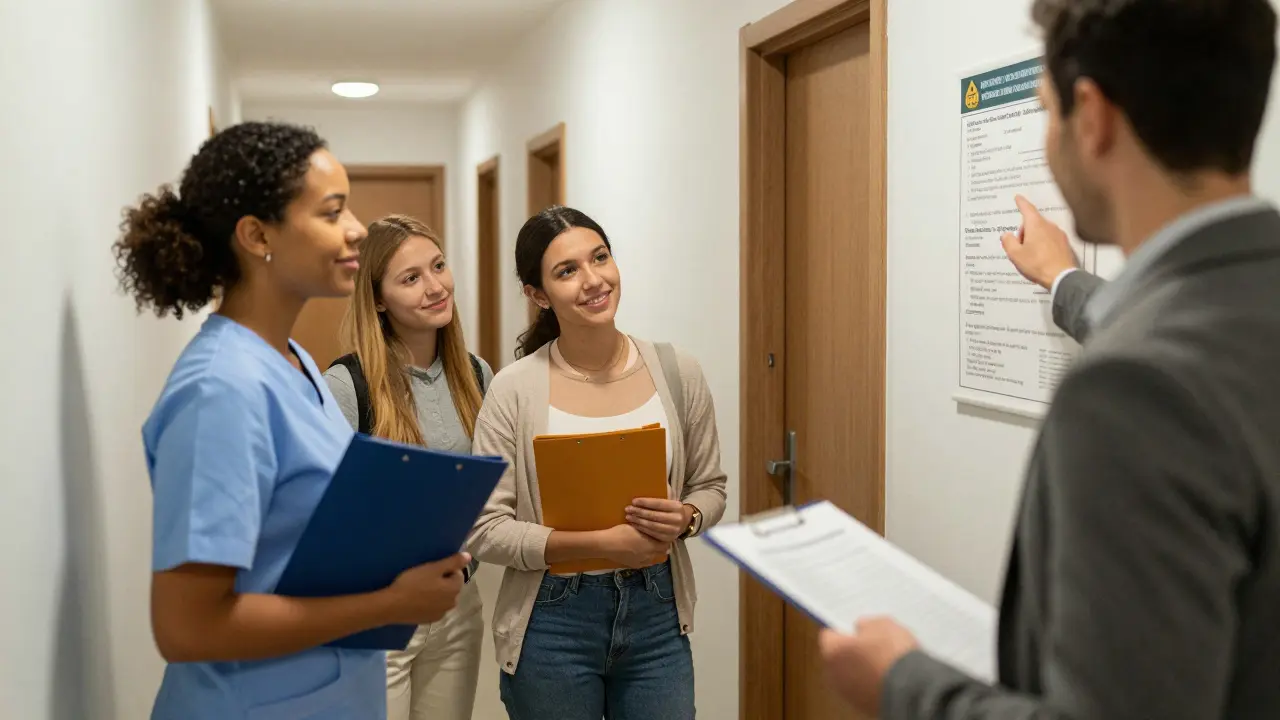 Verschiedene Interessenten im Hausflur mit Vermieter, die Hausordnung besprechen.