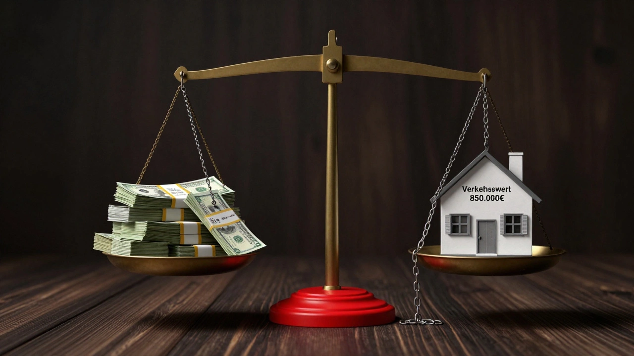 Waage mit Haus und Geldstapel, die Gerichtskosten einer Teilungsversteigerung visualisiert, mit belasteter Grundschuld.