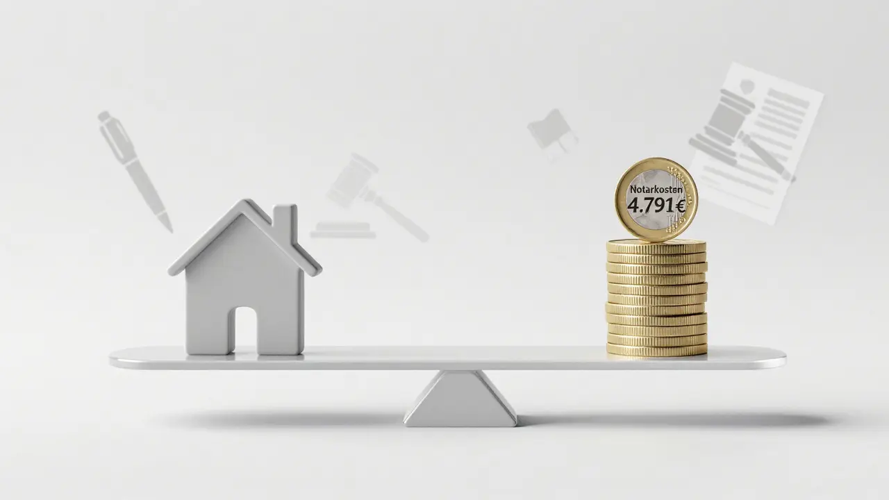 Waage mit Haus und Notarkosten in Euro, symbolisiert die Balance zwischen Kaufpreis und zusätzlichen Gebühren.